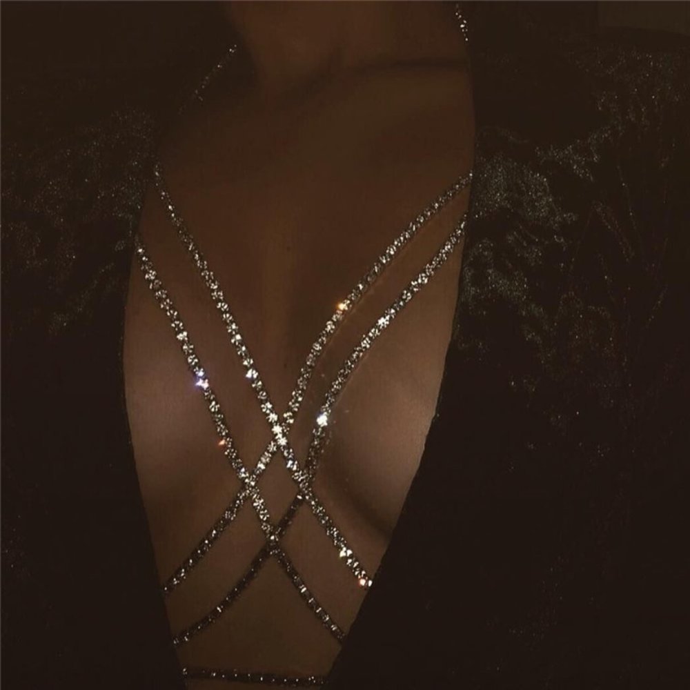 Double Criss Cross Sparkling Rhinestone Bust Body Harness Chain - Picture 4 of 6